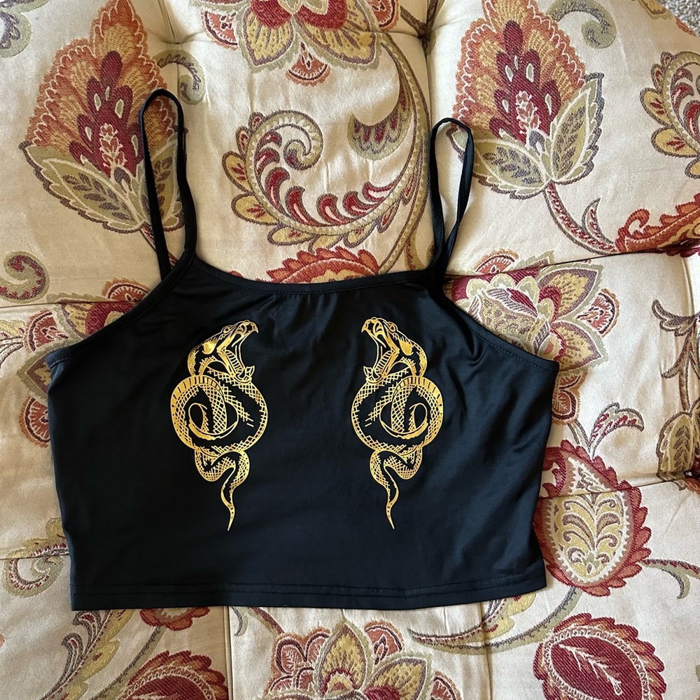 Black Crop Top with Gold Snake Design